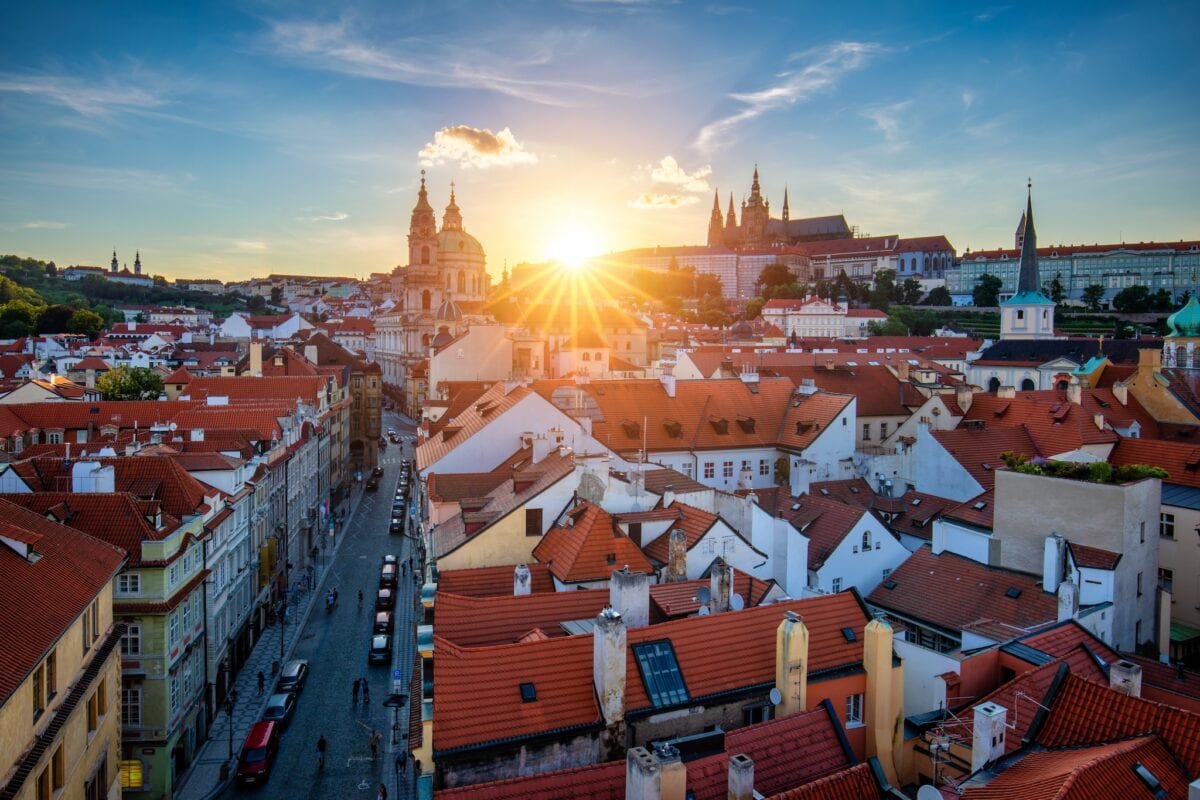 St. Nicholas Church and Prague Castle as seen from Lesser Town Bridge Tower, Prague